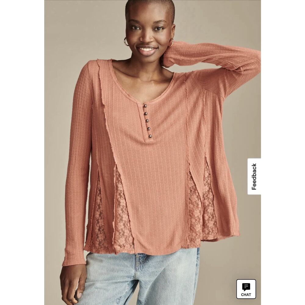 Lucky Brand Women's Henley V-Neck Lace-Godet Swing Top Size XL Coral - Linen